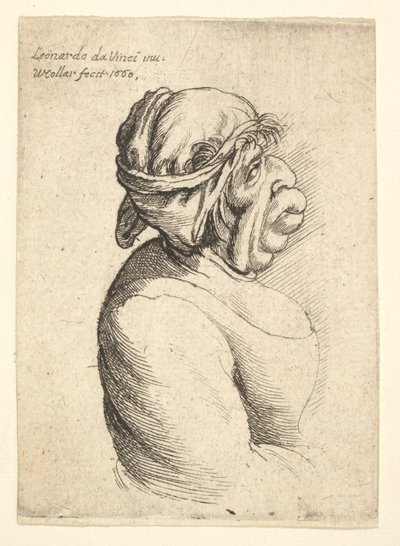 Buste af kvinde med udstående mund iført lavtskåren kjole og tøj bundet om hendes hoved..., 1660. af Wenceslaus Hollar