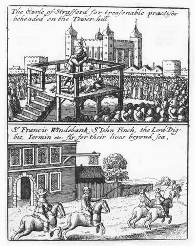 Jarl af Stafford halshugget på Tower Hill; Sir Francis Windebank, Sir John Finch og Lord Digby flygter fra England af Wenceslaus Hollar