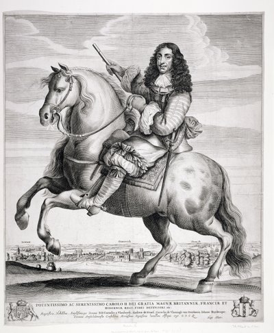 Rytterportræt af Charles II (1630-85) med et landskab, udgivet ca. 1670 af Wenceslaus Hollar