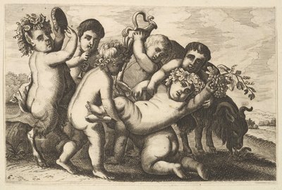 Fem drenge, to satyrer og en gedekopi, 1600-tallet. af Wenceslaus Hollar