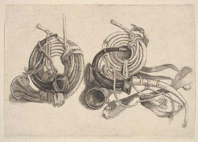 Fem jagthorn, 1625-77. af Wenceslaus Hollar