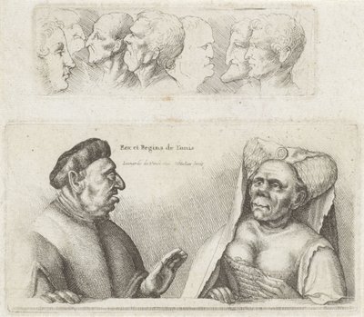 Frisisk med studiehoveder / karikaturer af kongen og dronningen af ​​Tunesien Rex et Regina de Tunis (titel på objekt) Varie figurae et probae (serietitel) Karikaturer, hoveder og deformiteter efter Leonardo da Vinci (serietitel) af Wenceslaus Hollar