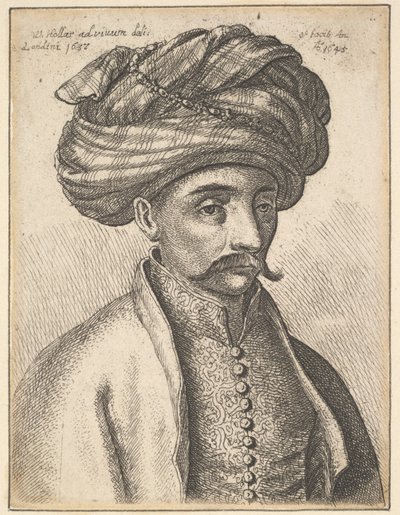 Hoved og skuldre af en tyrker, med overskæg og stor turban, 1645. af Wenceslaus Hollar