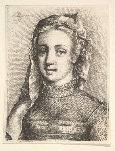Hoved og skuldre af en kvinde med slør og diaphanous halsbeklædning, 1645. af Wenceslaus Hollar