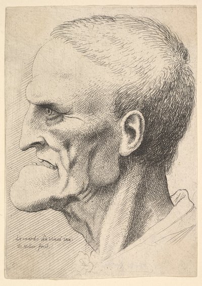 Hoved af en gammel mand med en udtalt hage, kort afskåret hår og gabende mund, der viser ..., 1625-77. af Wenceslaus Hollar