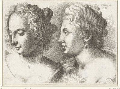 Hoveder af to unge kvinder Varie figurae et probae (serietitel) Karikaturer, hoveder og deformiteter efter Leonardo da Vinci (serietitel) af Wenceslaus Hollar