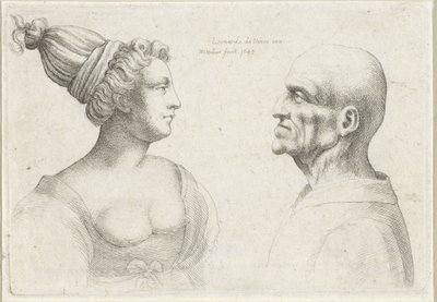 Hoveder af en skaldet mand og kvinde med turbaner Varie figurae et probae (serietitel) Karikaturer, hoveder og deformiteter efter Leonardo da Vinci (serietitel) af Wenceslaus Hollar