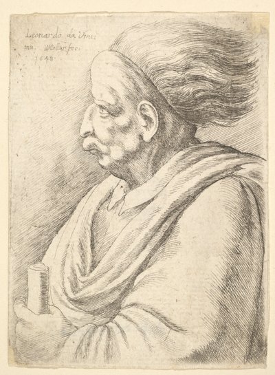 Mand med karikerede træk og hår strømmer bagved, i halv længde til venstre, 1648. af Wenceslaus Hollar