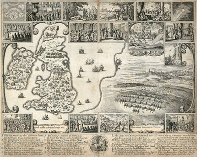 Kort over de britiske øer og illustrationer af 1600-tallets historiske begivenheder, c1659 af Wenceslaus Hollar