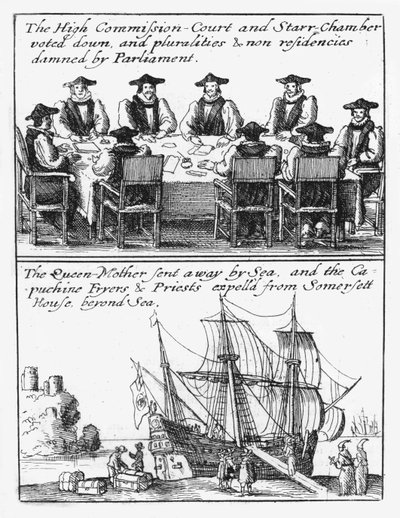Medlemmer af Stjernekammeret; Dronning Henrietta Maria sejler fra England af Wenceslaus Hollar