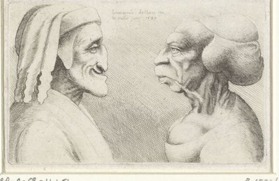 Deforme karikaturhoveder af en mand med hat (Dante?) og en kvinde Varie figurae et probae (serietitel) Karikaturer, hoveder og deformiteter efter Leonardo da Vinci (serietitel) af Wenceslaus Hollar