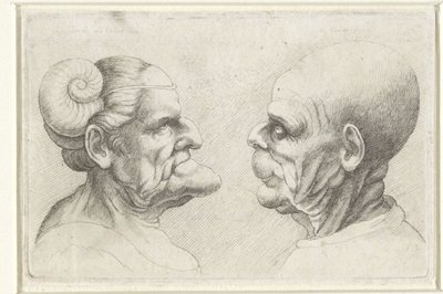 Deforme hoveder af en skaldet mand og kvinde med horn på hovedet Varie figurae et probae (serietitel) Karikaturer, hoveder og deformiteter efter Leonardo da Vinci (serietitel) af Wenceslaus Hollar