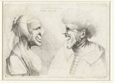 Deforme hoveder af en smilende mand og kvinde med en hovedhætte Varie figurae et probae (serietitel) Karikaturer, hoveder og deformiteter efter Leonardo da Vinci (serietitel) af Wenceslaus Hollar