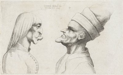 Deforme hoveder af en kvinde med glat hår og en mand med en dobbeltskygget hat Varie figurae et probae (serietitel) Karikaturer, hoveder og deformiteter efter Leonardo da Vinci (serietitel) af Wenceslaus Hollar