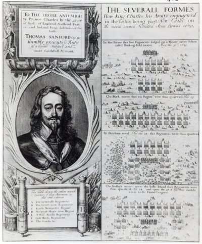 Portræt af kong Charles I med diagrammer, der viser dannelsen af hans tropper under biskoppernes krig, ca. 1639 af Wenceslaus Hollar