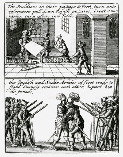 Soldater ødelægger religiøse billeder i en kirke; Engelske og skotske soldater omfavner af Wenceslaus Hollar