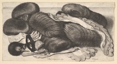 Stilleben med en gruppe muffer, et par handsker, vifter, maske og to tørklæder, 1647. af Wenceslaus Hollar