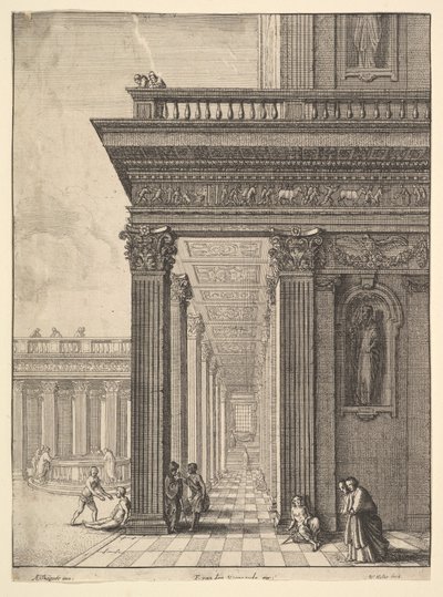 Tempelgård med figurer, efter David Teniers den Ældre, 1625-77. af Wenceslaus Hollar