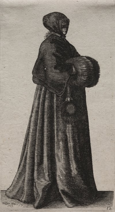 Engelske kvinders adskillige vaner, fra adelen til landskvinder, som de er i disse tider: Kvinden med maske, hætte og muffe af Wenceslaus Hollar