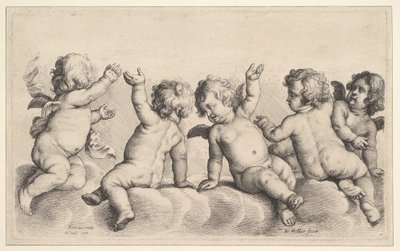 Tre keruber og to drenge på skyer, 1620-77. af Wenceslaus Hollar