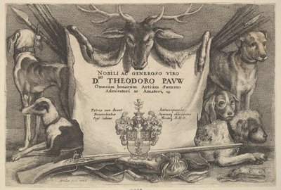 Titelblad med hunde og jagtudstyr, 1646. af Wenceslaus Hollar