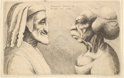 To deforme hoveder figuren til venstre er muligvis en karikatur af Dante, 1645. af Wenceslaus Hollar