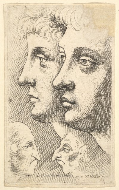 To unge i profil til venstre med to groteske hoveder mod hinanden nedenfor, 1625-77. af Wenceslaus Hollar