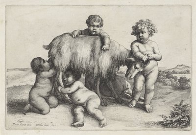 Fire drenge, en satyr og en ged står til højre Putti og Satyrer (serietitel) af Wenceslaus Hollar