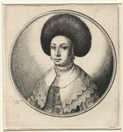 Kvinde med blondekrave, øreringe og pelshat Kvindebuster i runde stel (serietitel) af Wenceslaus Hollar