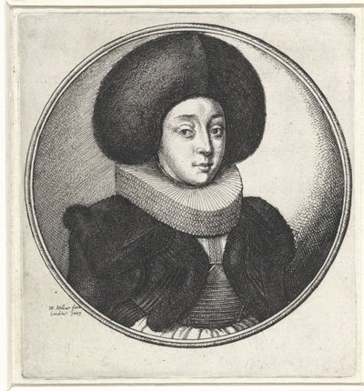 Kvinde med flæsekrave og stor pelshat Medaljoner med kvindebuster (serietitel) af Wenceslaus Hollar