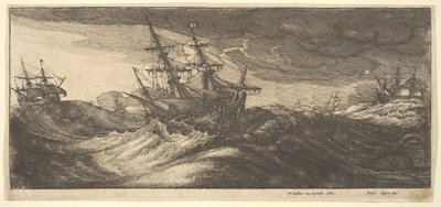 Krigsskib og en sprutende hval, 1665. af Wenceslaus Hollar