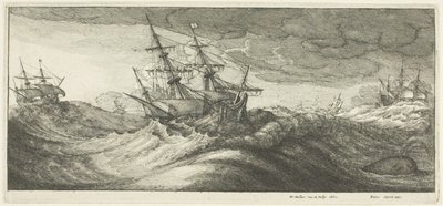 Krigsskibe og en spruttende hval af Wenceslaus Hollar