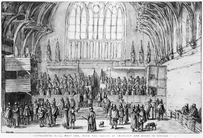 Westminster Hall, West End, med Courts of Chancery and Kings in Session af Wenceslaus Hollar