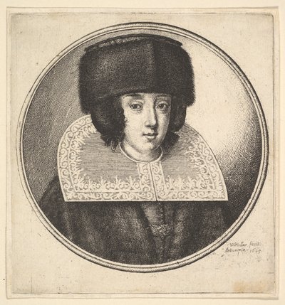 Kvinde med stiv blondekrave og fladkronet pelshat, 1645. af Wenceslaus Hollar