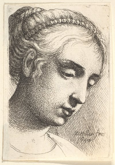 Kvinde med perlestreng i håret ser nedad til højre, 1645. af Wenceslaus Hollar