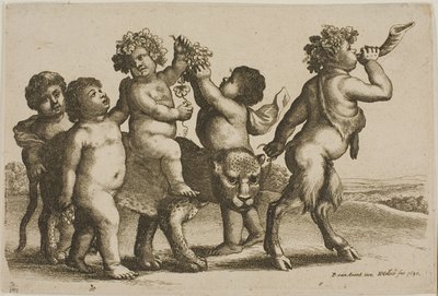 Ung Bacchus rider på en leopard ledet af en satyr, der blæser i et horn af Wenceslaus Hollar