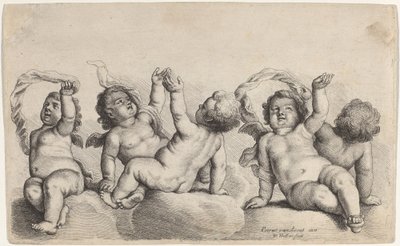 Tre keruber og to drenge løfter hver sin arm på skyer af Wenceslaus Hollar, after Peeter van Avont