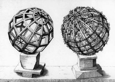 Perspektivillustration, to kugler, gravering fra Perspectiva Corporum Regularium, af Wentzel Jamnitzer (1508-1585), Nürnberg af Wenzel I Jamnitzer