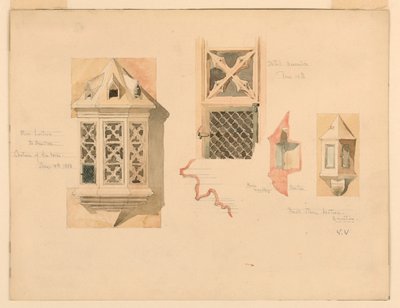 Tegning, gengivelse af to stenlanterner fra slottet i Amboise, Frankrig, 14.-15. juni 1888 af Whitney Warren Jr.