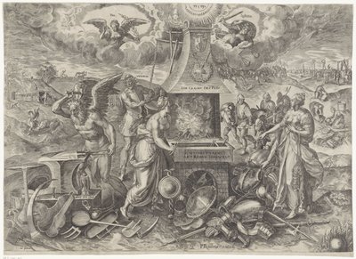 Fredens magt, 1577 Die Cracht des Peys (titel på objekt) Allegorier om den fornyede fredsperiode i Holland (serietitel) af Wierix