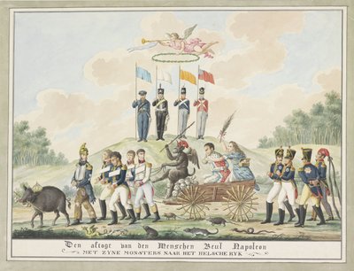 Tegnefilm om Napoleons eksil til Elba, 1814 Menschen-bøddelens nedstigning Napoleon med sine monstre til det hellenske imperium (titel på objektet) af Wijnand Esser (attributed to)