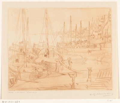 Fortøjede skibe på bredden af ​​Ganges i Benares Ships Losning II (original titel) af Wijnand Otto Jan Nieuwenkamp (signed by artist)