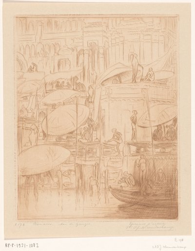 Mænd og kvinder bader og beder på bredden af ​​Ganges i Benares Badning og bede (original titel) On the Ganges (titel på objekt) af Wijnand Otto Jan Nieuwenkamp (signed by artist)