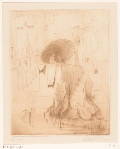 Badende og vaskende kvinder på bredden af ​​Ganges i Benares Benares (original titel) af Wijnand Otto Jan Nieuwenkamp (signed by artist)