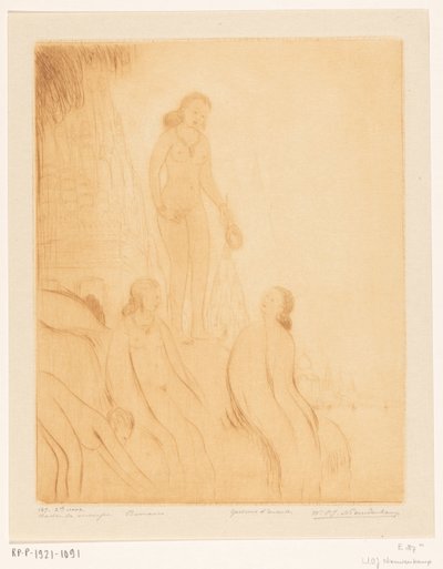Piger bader på bredden af ​​Ganges i Benares Badende piger (original titel) af Wijnand Otto Jan Nieuwenkamp (signed by artist)