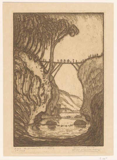 Træbro over en flodkløft på Bali The Dangerous Transition (original titel) af Wijnand Otto Jan Nieuwenkamp (signed by artist)