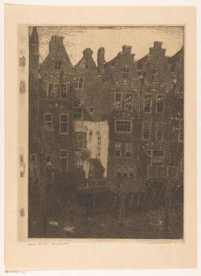 Huse ved Voorstraathaven i Dordrecht Kanalen, Dordrecht (original titel) Gamle huse, Dordrecht (titel på objekt) af Wijnand Otto Jan Nieuwenkamp (signed by artist)
