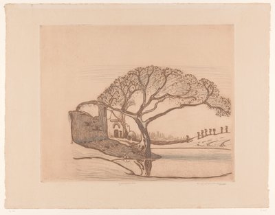 Huse, træ ved dam og kvinder med vandkander på hovedet Nær Cairo (original titel) af Wijnand Otto Jan Nieuwenkamp (signed by artist)