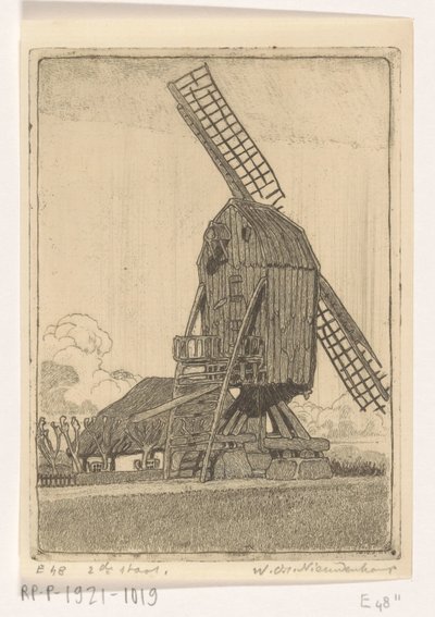 Kornmølle med to vinger ved Bennekom Den gamle mølle (original titel) af Wijnand Otto Jan Nieuwenkamp (signed by artist)