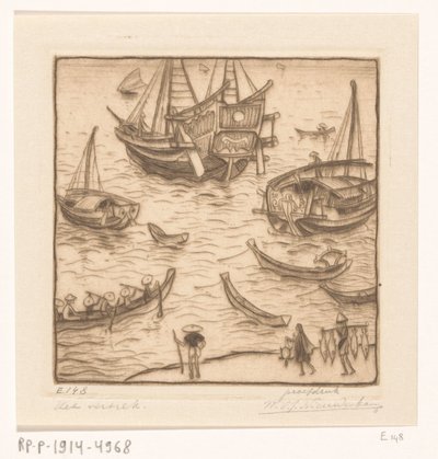 Skibe i en bugt på østkysten af ​​Lombok The Departure, Lombok (original titel) af Wijnand Otto Jan Nieuwenkamp (signed by artist)